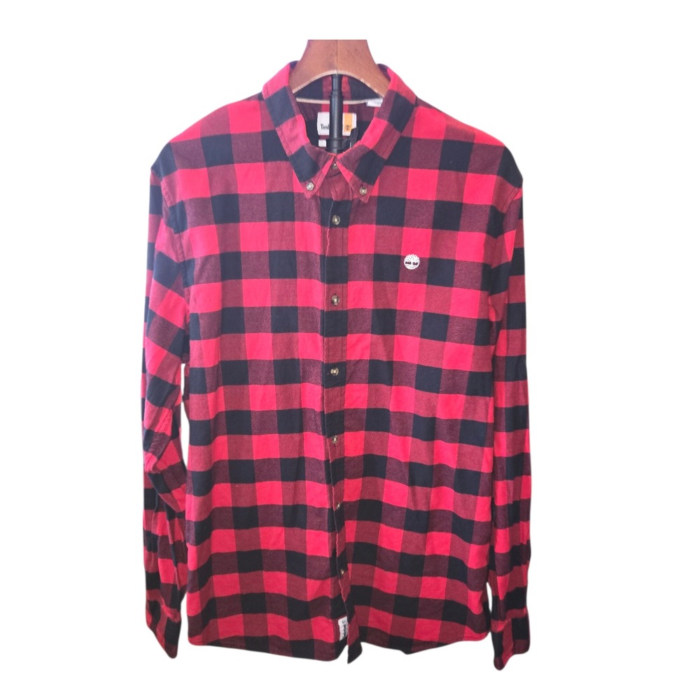 Timberland Mens Sz XL Slim Fit Buffalo Plaid Flannel Button Down Shirt Red Black